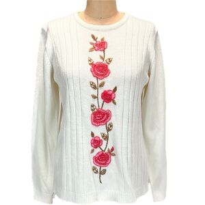 VINTAGE cottage rose embroidered knit‎ sweater floral flower garden cottagecore